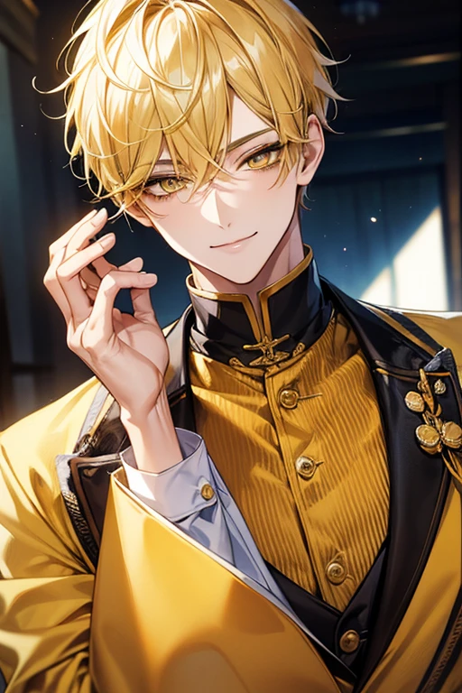 Yellow short hair, yellow long eyelashes、Handsome boy with yellow eyebrows and yellow expressive eyes, Smiling, Yellow eyes、细致背景、blue luxurious costume