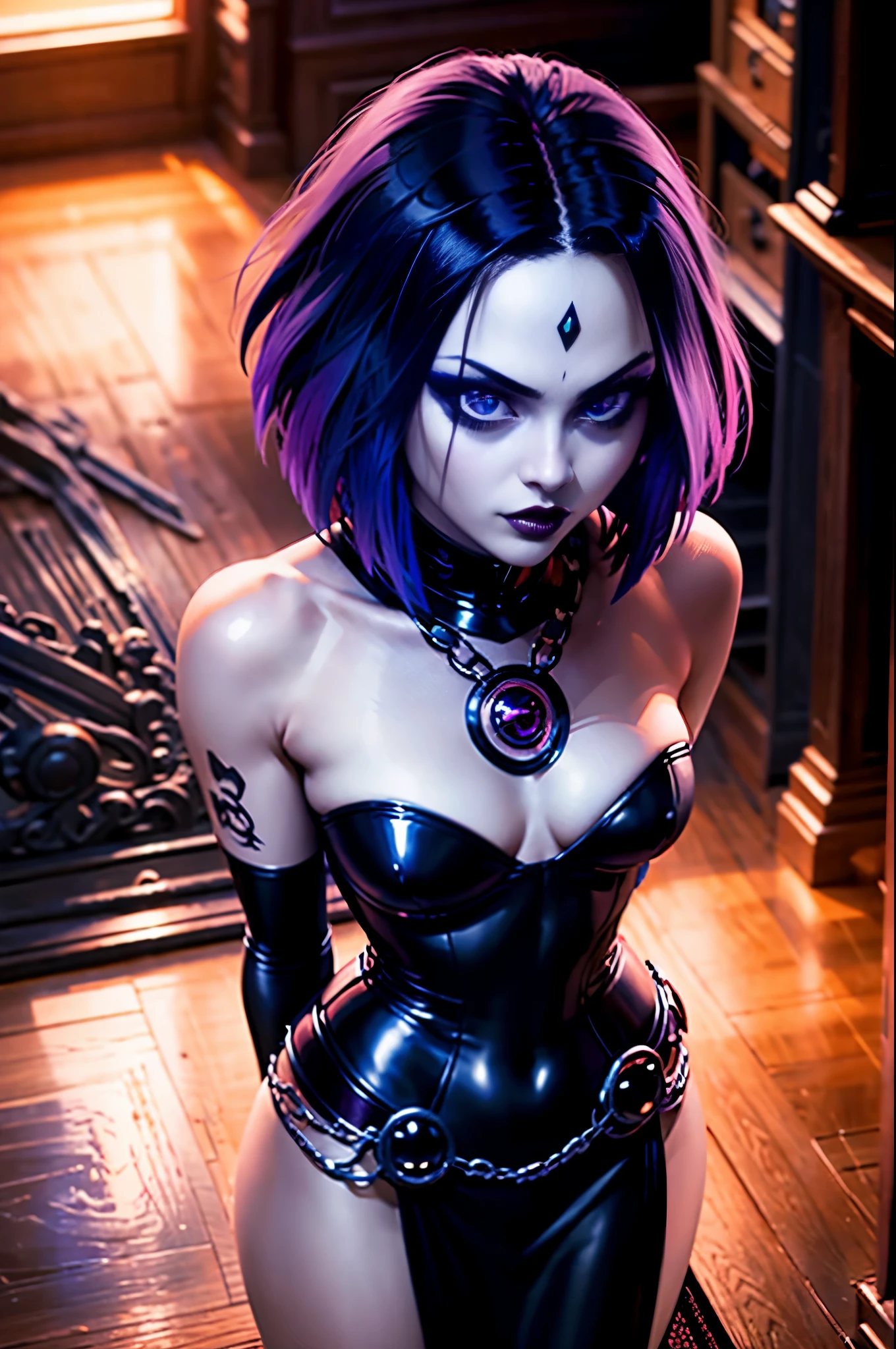 raven solo, gothgirl, with arms crossed looking straight ahead,anime, vibrant colors, dark and mysterious aesthetic, dramatic lighting