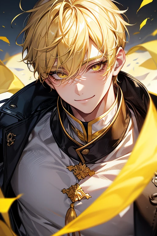 Yellow short hair, yellow long eyelashes、Handsome boy with yellow eyebrows and yellow expressive eyes, Smiling, Yellow eyes、细致背景、