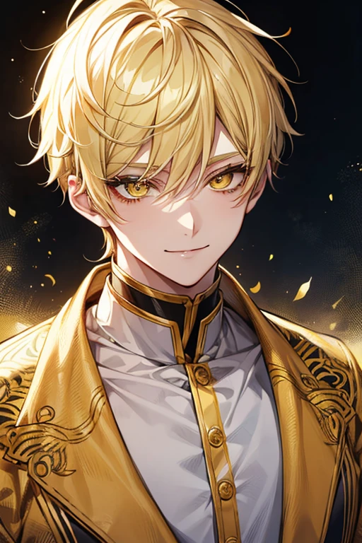 Yellow short hair, yellow long eyelashes、Handsome boy with yellow eyebrows and yellow expressive eyes, Smiling, Yellow eyes、细致背景、