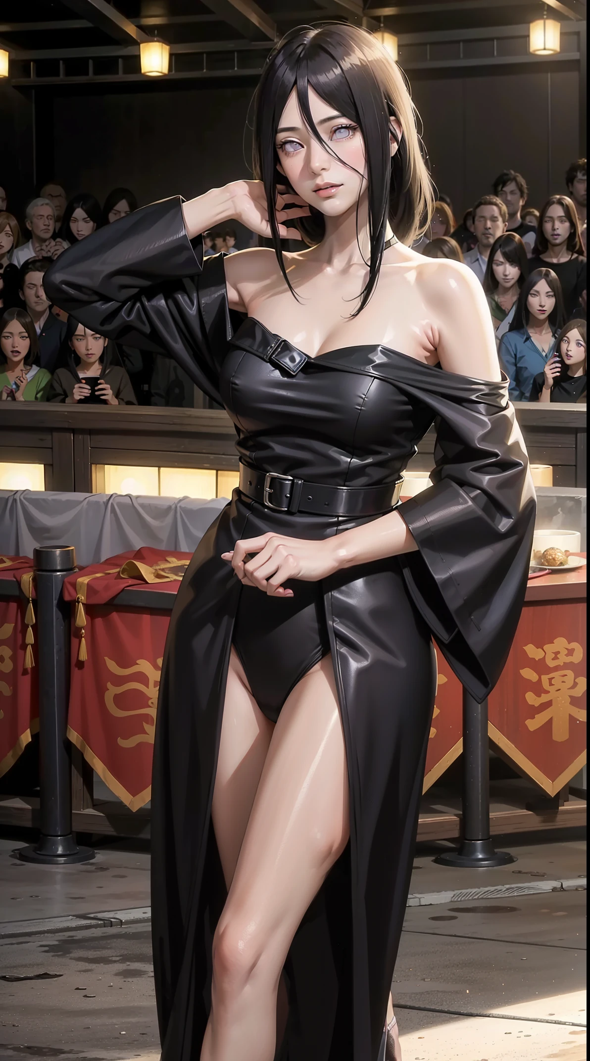 hyuuga hanabi, long hair tied low, hair band, hana purple eyes, beautiful, beautiful woman, perfect body, perfect breasts, wearing pajamas,  a tight black dress, looking at the audience, a slight smile, realism, masterpiece , textured leather, super detail, high detail, high quality, best quality, 1080p, 16k