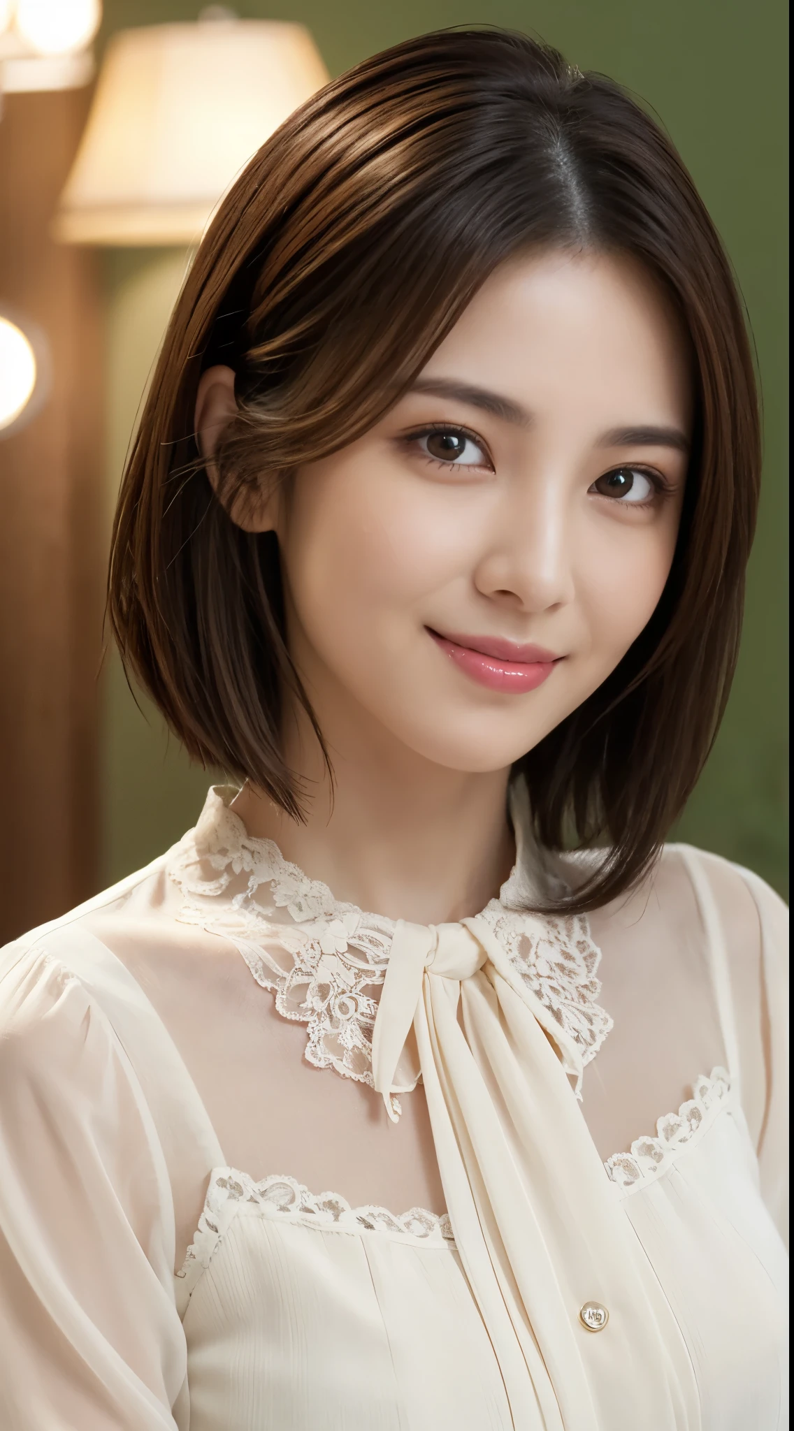 (Raw photography), (Photorealsitic), (masterpiece), (top-quality), hight resolution, 64k resolution, (intricate detailes), (volumatic light), portlate, femele, 40 years, short-hair, straight haired, Layered hair, brown haired, extremely detailed eye, Sauce order, Highly detailed eyebrows, highlydetailed skin, highly detail mouth, highly detailed nose, cute like an idol, Happy smile, ((thick lips)), ((Look at viewers)), (Classy blouse)