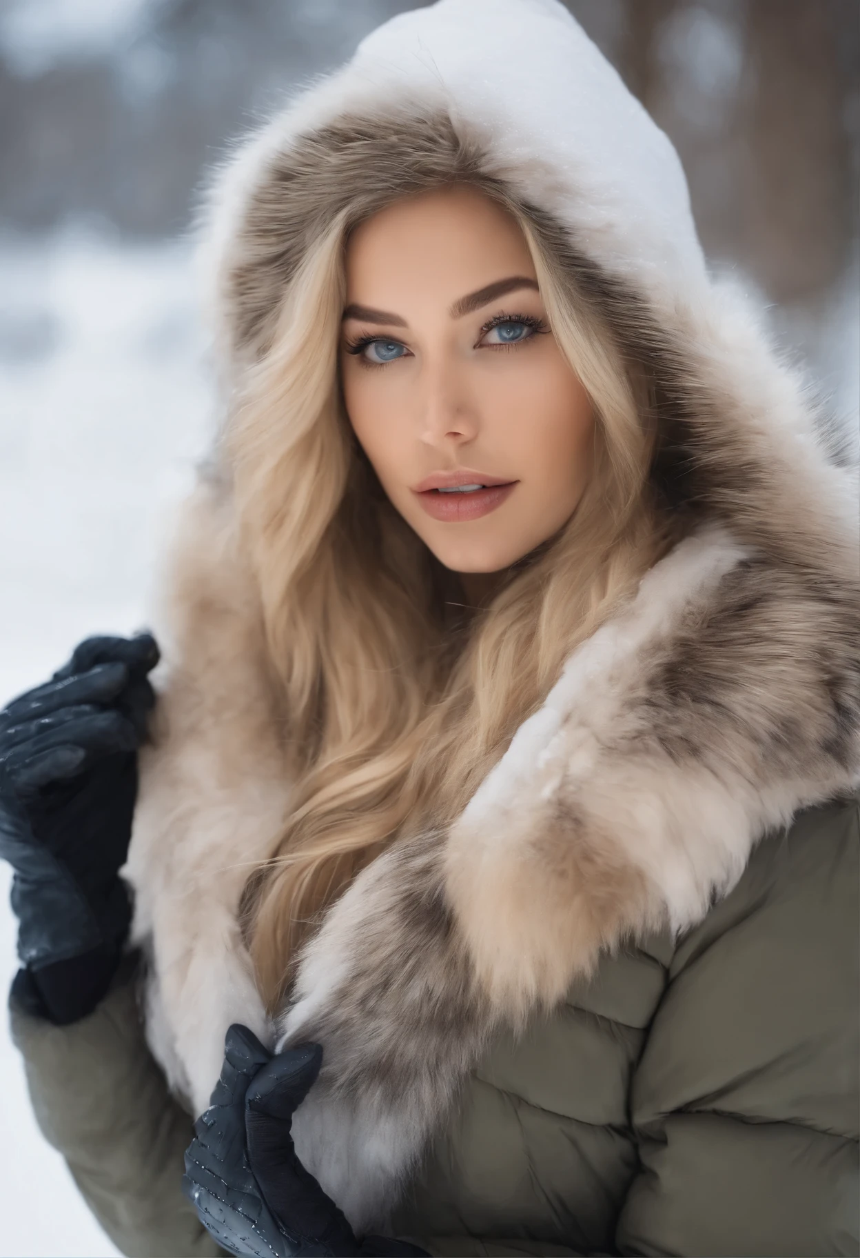 Blonde woman in snow warm clothes fully dressed with gloves,  with blue eyes, portrait sophie mudd, crowded background, Best quality, 1 girl, Portrait of Corinna Kopf, blonde hair aand large eyes, selfie of a young woman, Orn makeup, natural makeup, Look directly into the camera, face with artgram, Decentus makeup, Great full body photo, Being in the room, Large of breast, Blonde, latina