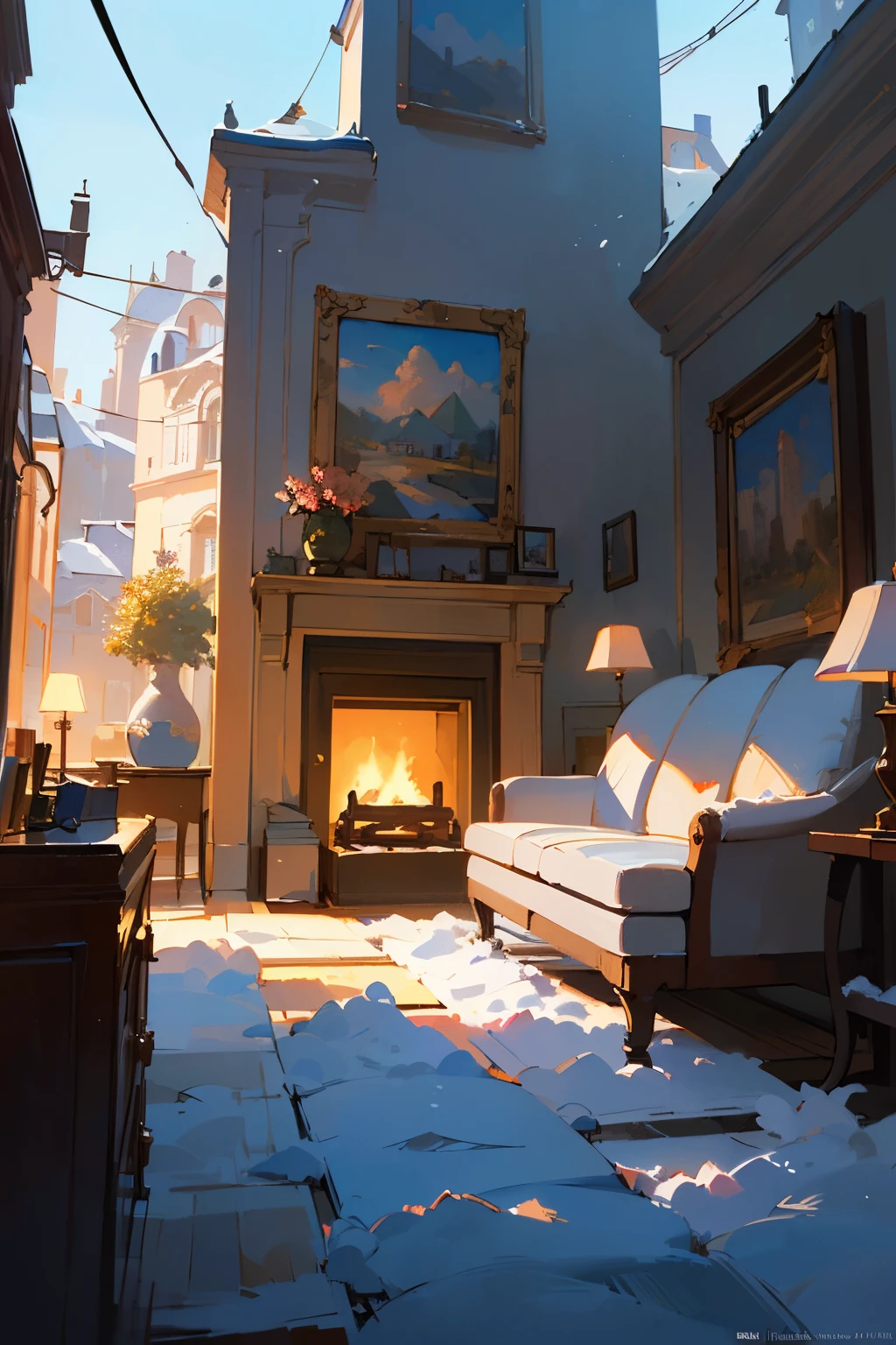 ((bestpainting of a canada montreal living room, beautiful snowy view, big window, fireplace,sofa,quill,book,rugbeautiful calm lofi vibe,bushes,flowers, residential area,golden hour, snowy night,dusk,4k hd, cloud,beautiful art uhd 4 k, a beautiful artwork illustration, beautiful digital painting, highly detailed digital painting, beautiful digital artwork, detailed painting 4 k, very detailed digital painting, rich picturesque colors, gorgeous digital painting quality)), ((masterpiece)), (detailed), perfect face