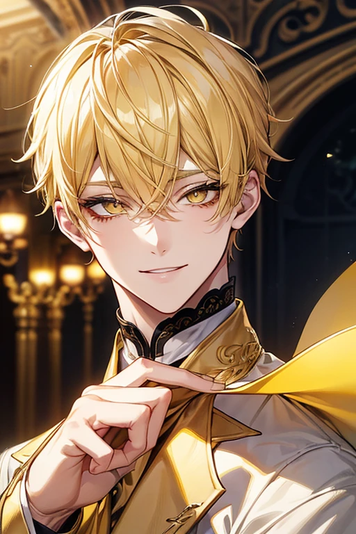 Yellow short hair, yellow long eyelashes、Handsome boy with yellow eyebrows and yellow expressive eyes, Smiling, Yellow eyes、细致背景、Paris Collection