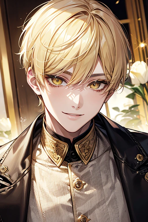 Yellow short hair, yellow long eyelashes、Handsome boy with yellow eyebrows and yellow expressive eyes, Smiling, Yellow eyes、细致背景、CHANEL
