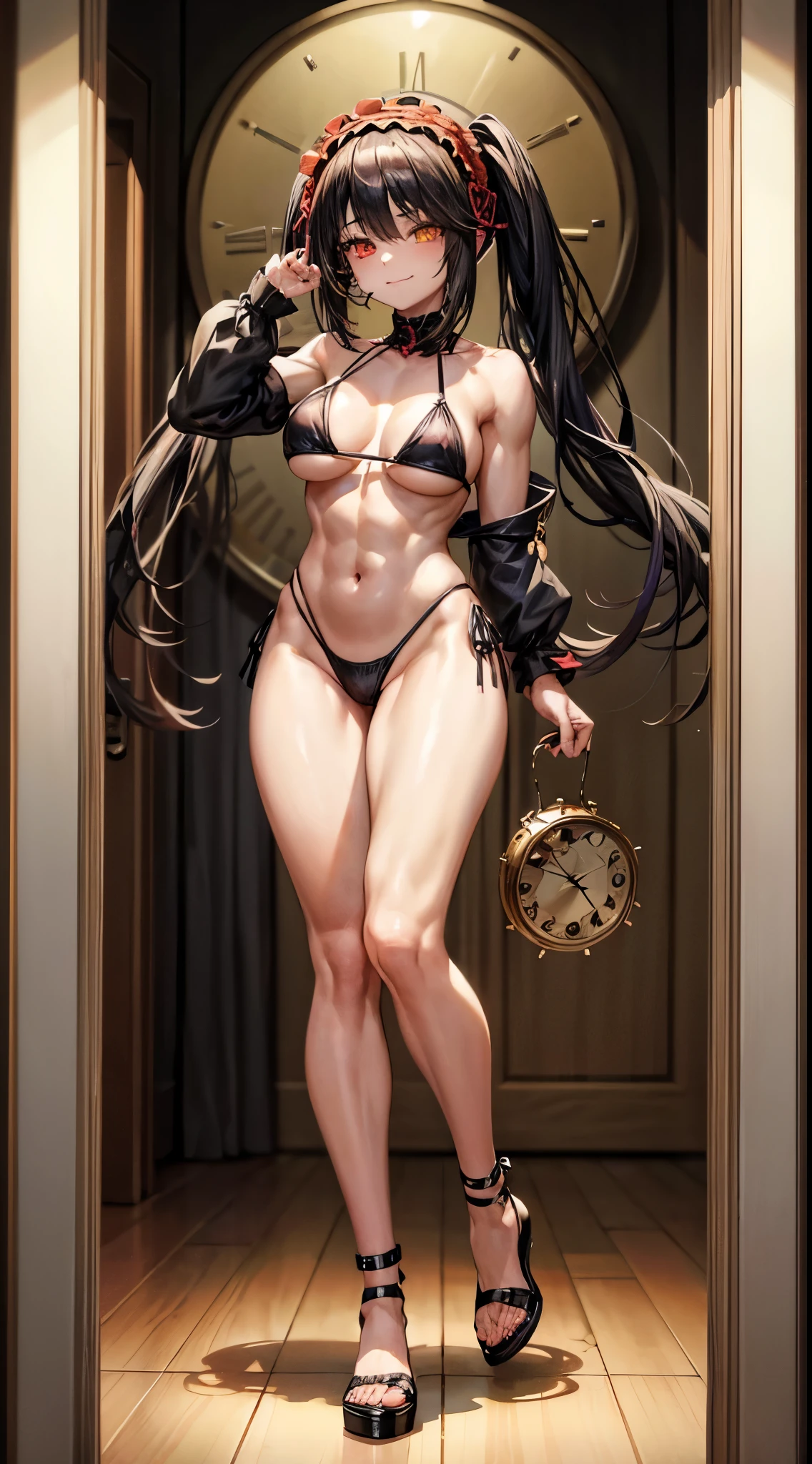 1 girl, bare shoulders, black hair, medium breasts, (muscular legs), muscular belly, wide hips, thin waist, (((clock eyes))), (wearing a very short and sexy bikini), finger to mouth, (((in the motel room))), full body, hairband, (standing looking at me sensually), standing, heterochromia, index finger raised, black high heel shoes, lolita hairband, long hair, red eyes , smiling, alone, symbol-shaped pupils, (Kurumi tokisaki), (twintails), yellow eyes