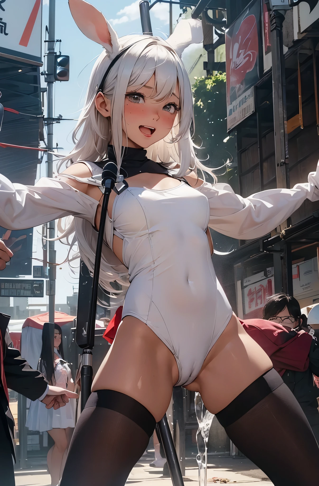 High-level image quality, cute and beautiful, (very embarrassed face:1.4), shy person with red cheeks, blush、(beautiful woman standing in the dark: 1.3) dark background, beautiful breasts, erect nipples, showing off, sperm flowing from her pussy 、Idol hidden in the spotlight, girl with rabbit ears, full body Esbian, stadium, large crowd, ((There are many guys with big dicks behind the girls. :1.5)),((10 guys with big dicks) :1.3))、(holding the mic:1.3)、(White color costume:1.3)、Large open legs、urinating、( large amount of semen comes out of the pussy:1.4)、((Climaxed face with erotic expression:1.2))、crying how bright、Teary-eyed、a very reluctant girl、Spread your hands、Two hands、perfect anatomia、An expression of sexual pleasure with a wide open mouth