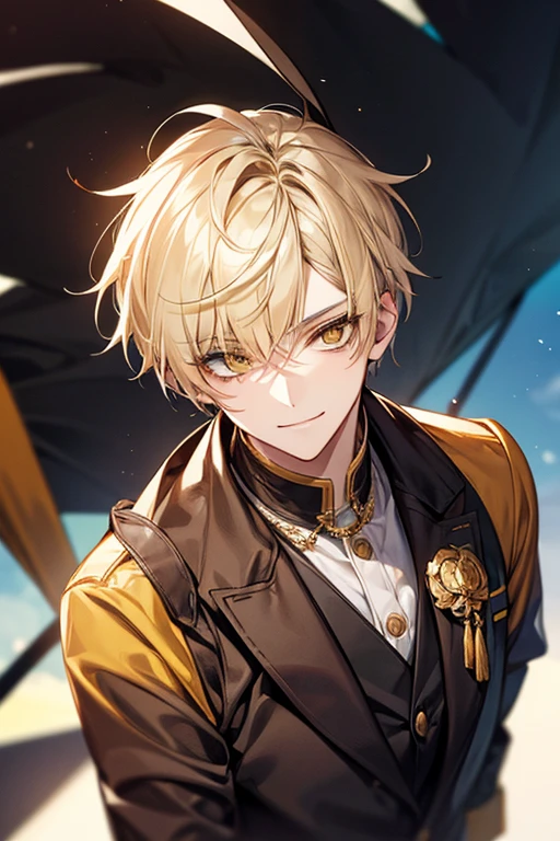 Yellow short hair, long yellow eyelashes、Handsome boy with yellow eyebrows and yellow expressive eyes, Smiling, Yellow eyes、细致背景、Beautiful youth