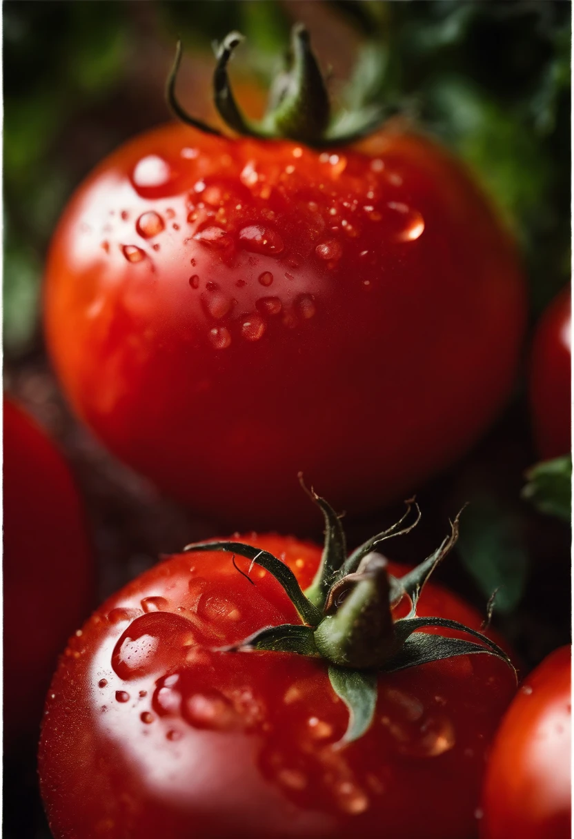 a close-up shot of a ripe tomato, showcasing its vibrant red color, glossy skin, and the tiny droplets of water on its surface