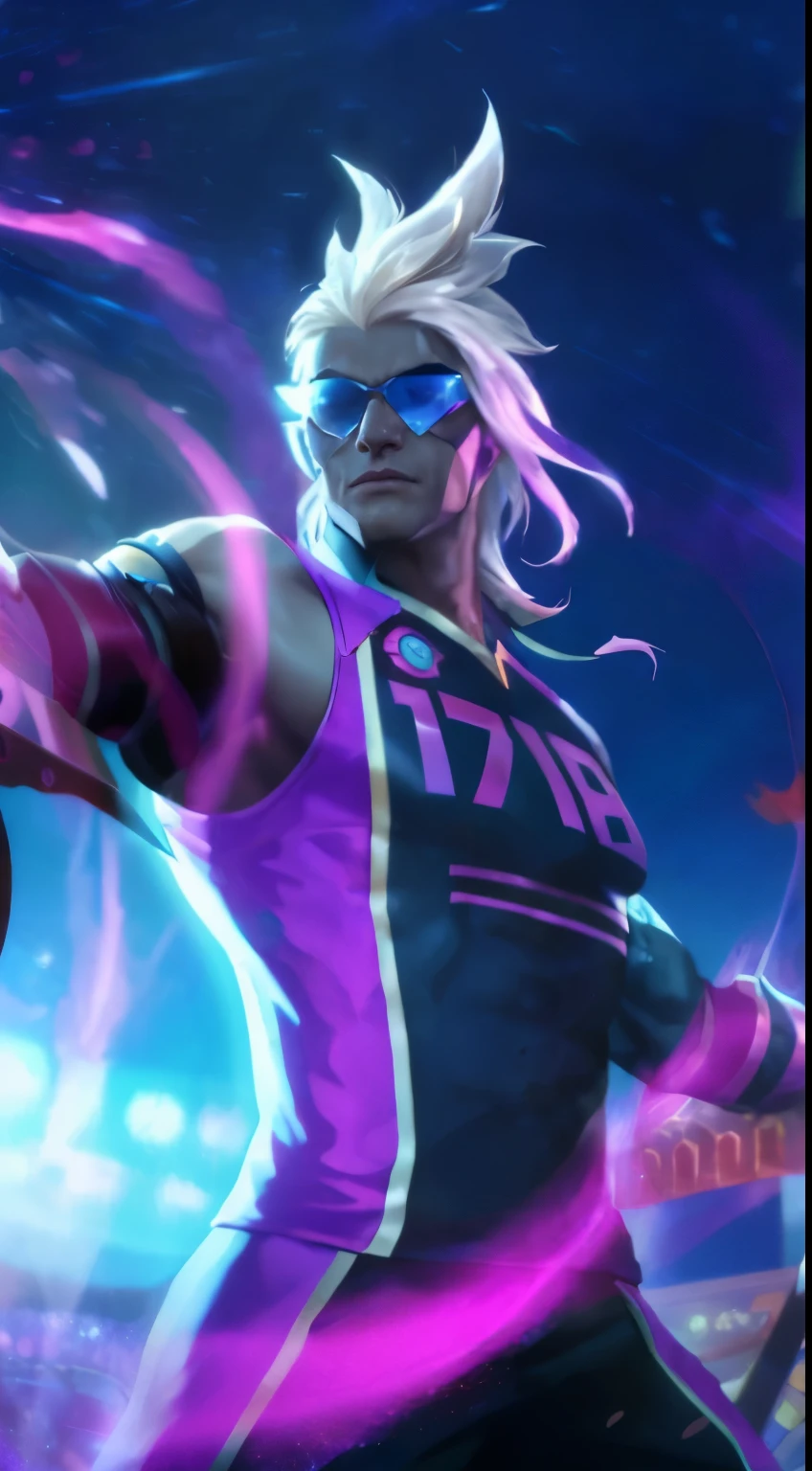 (Intricate Details, Masterpiece, Best Quality, High Resolution, 8k), (1man), (male:1.2), mature, dandy face, finely detailed eyes and face, toned body, masculine appeal, commanding presence, hot stud, bulging biceps and triceps, well-developed quadriceps and hamstrings, light skin, burgundy straight layered bangs hair, aquamarine eyes,  ornate details,  portrait, solo, half shot, looking down, detailed background, detailed face, (cogpunkai, cogpunk theme:1.1),  tech-mage,   [magic|technology], melding of spellcraft and advanced technology,  intricate [spellcasting clothes|mechanical gear], gear shaped glyphs,  ancient crystals,  [gears|ancient spell],  floating particles,  [innovative|enchanting] aura, high tech vehicle in background,   , finely detailed background, Depth of Field, VFX, close-up of a person wearing a gold costume with a spear, inspired by Alpha Crimson Warrior, mobile legends splash art, fuchsia skin under armor, official splash art, shaco from mobile legends, mobile legends style, splash art, mobile legends splash art legend, iconic character splash art