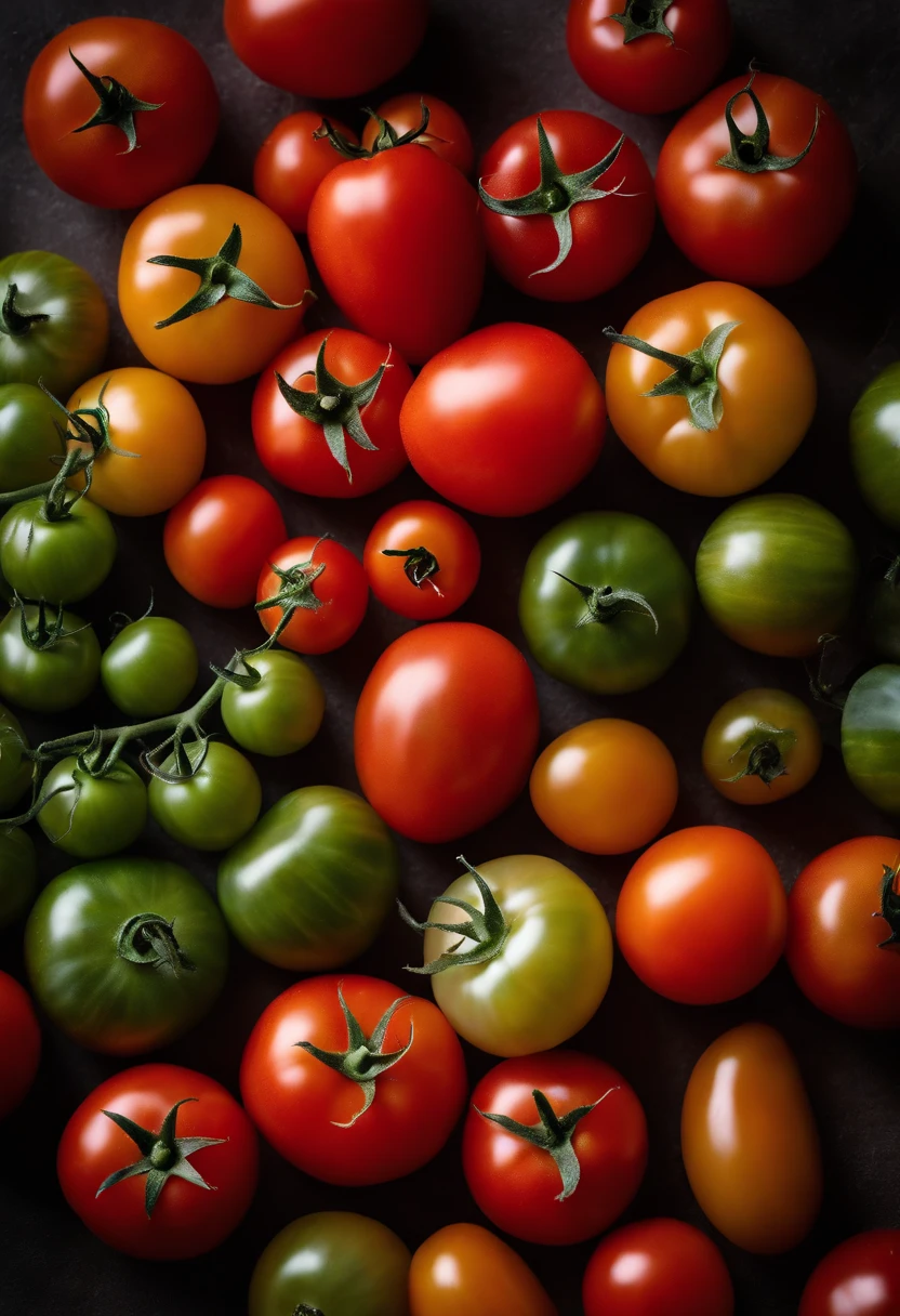 a top-down shot of a variety of tomatoes in different colors and sizes, arranged in an appealing and visually dynamic composition