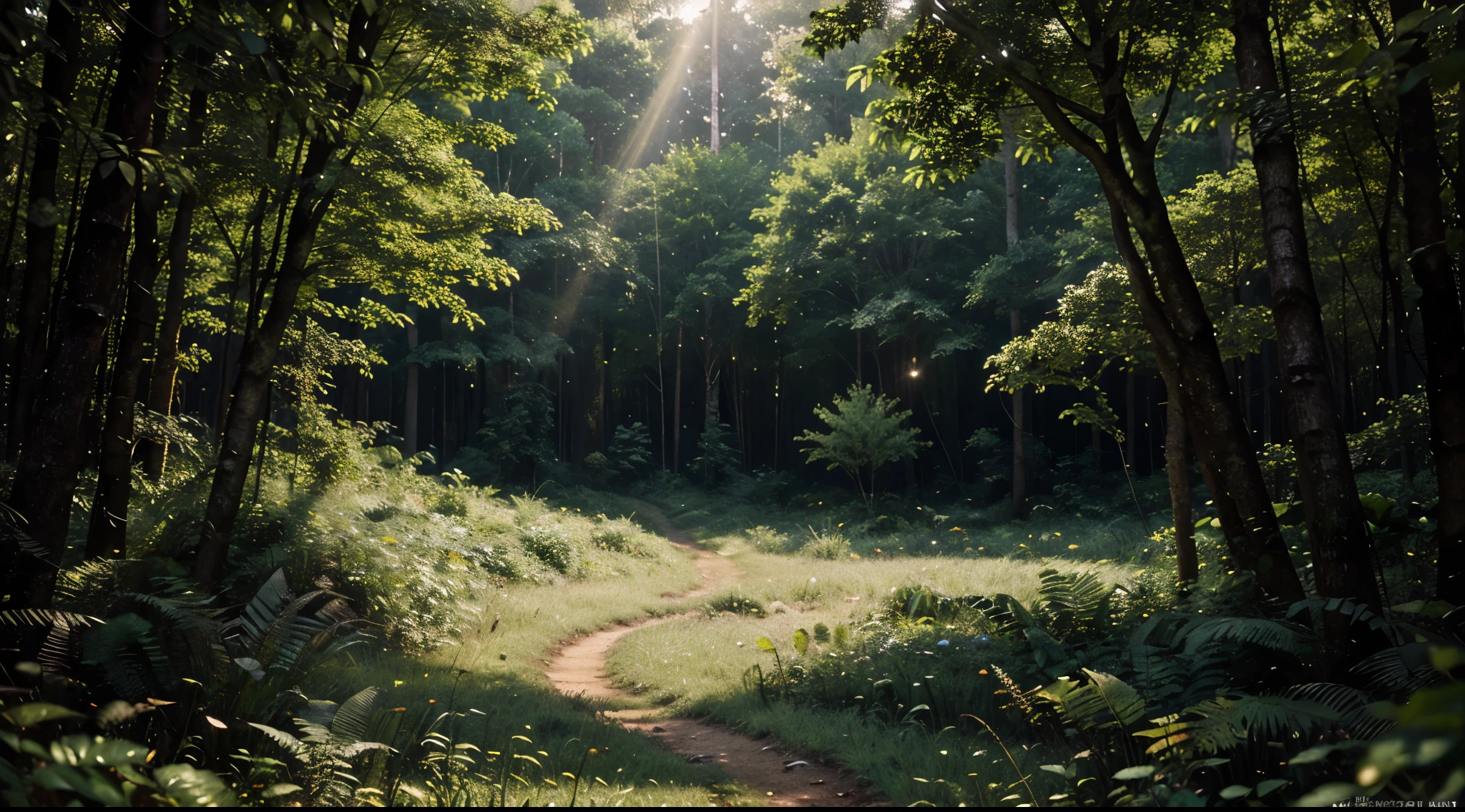 (a dense, lush forest in the early morning),cinematic lighting,sparkling dew,high detail(1.2),ultra-detailed foliage,breathtaking realism,immersive first-person perspective,stunning ultra-wide-angle view