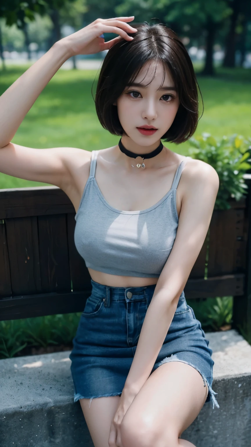 a park、((top-quality、8K、masterpiece:1.3))、a beauty girl、1 female、爆乳:1.3、Slender body type:1.1、Crying:1.4、blac hair、Bery short hair、Racing Tank Tops、underboob、a miniskirt、Damaged denim mini skirt、a choker、hyperdetailed face、Detailed lips、A detailed eye、二重まぶた、From the knee up、