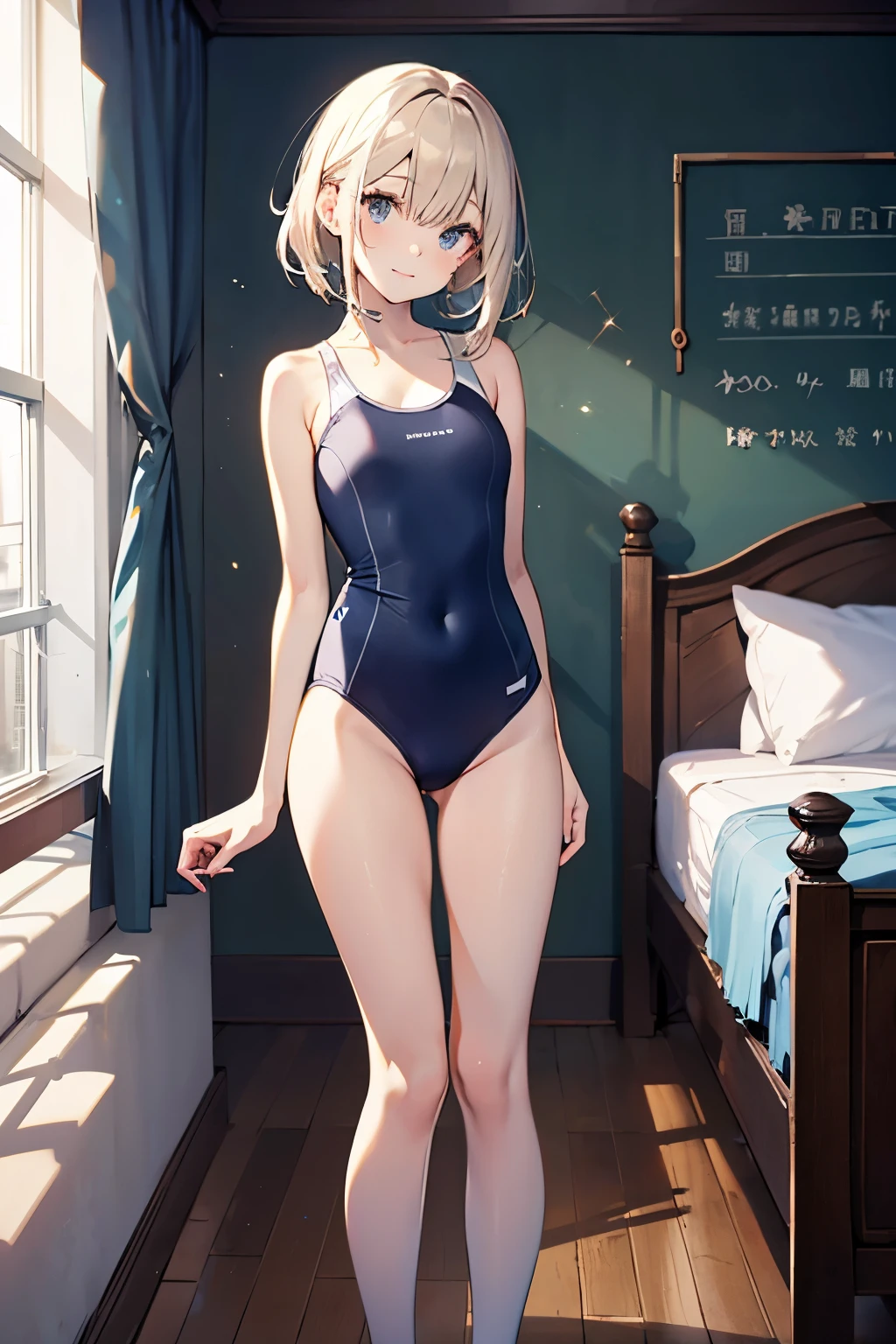hiquality、top-quality、Full limbs、The ultra -The high-definition、Long、Shining eyes、complete fingers、Slender beauty、ssmile、Wearing a shiny white school swimsuit、shinny skin、knee high、girl's cute room、Dramatic Writing