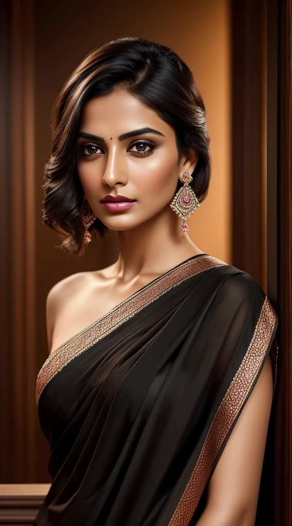 Portrait of Indian most beautiful and attractive serious Punjabi woman in her 30s as a beautiful female model, Georgia Fowler, beautiful face, black color Saree, with short dark brown hair, i dramatic lighting, trending on art station, portrait, digital art, modern, sleek, highly detailed, formal, determined, pink liner lipstick, soft lips,