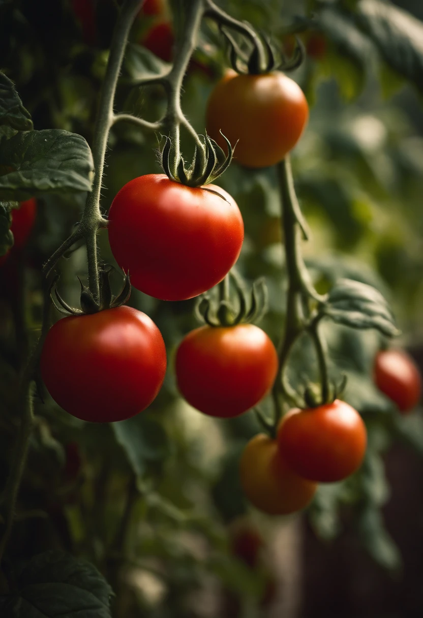 a high-resolution shot of a tomato plant in a garden, with vibrant red tomatoes hanging from the vines, evoking the beauty of nature’s harvest.