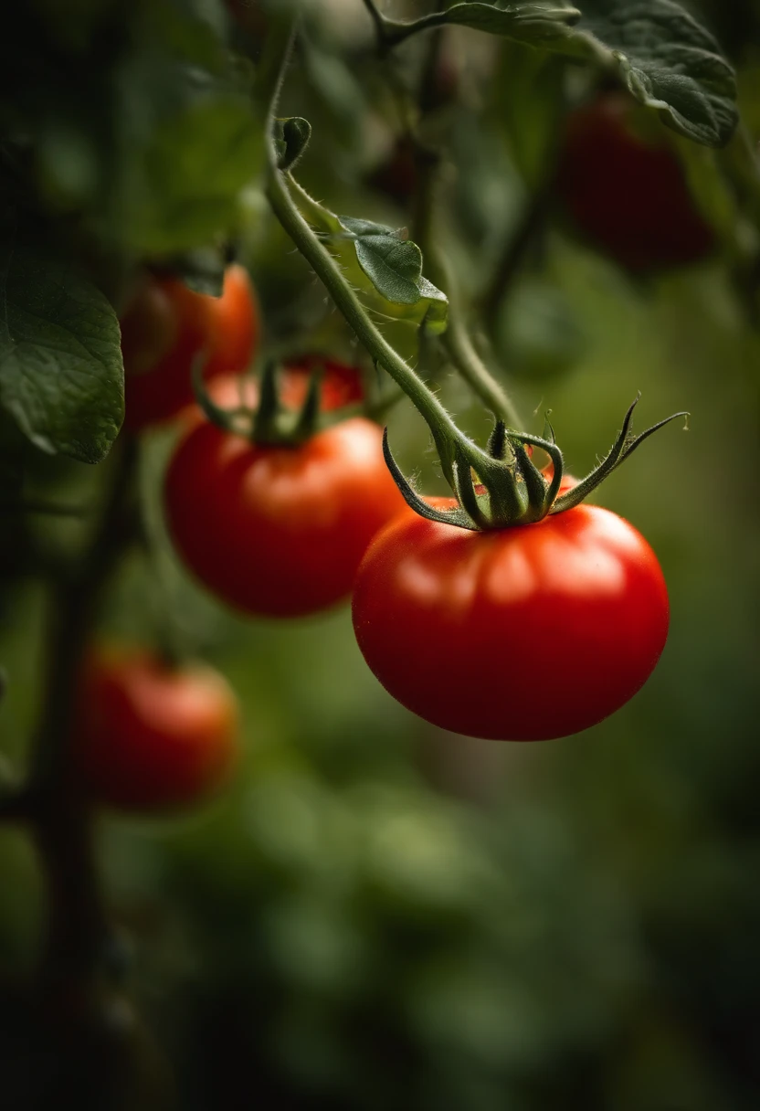 a high-resolution shot of a tomato plant in a garden, with vibrant red tomatoes hanging from the vines, evoking the beauty of nature’s harvest.