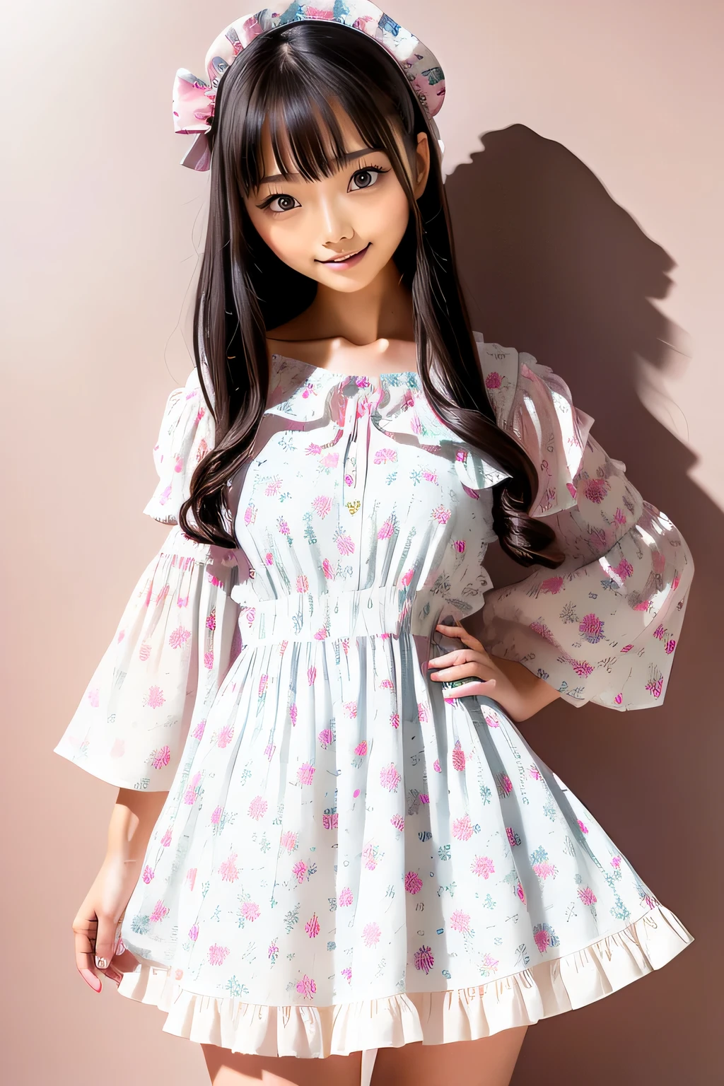 1girl in, (Cowboy Shot:1.0), BREAK (Long black straight hair:1.2) BREAK (lolita fashion dress , dream cute dress, pastel blue and white:1.2), wide puritan collar, (Print in pastel colors:1.5), (Long sleeves with puff sleeves, lots of ruffles:1.2), bangss, s lips、out makeup、short eyelashes、watching at viewers、A smile、Photorealsitic、high-level image quality、masutepiece, Best Quality, 8K, Beautie、Fine details