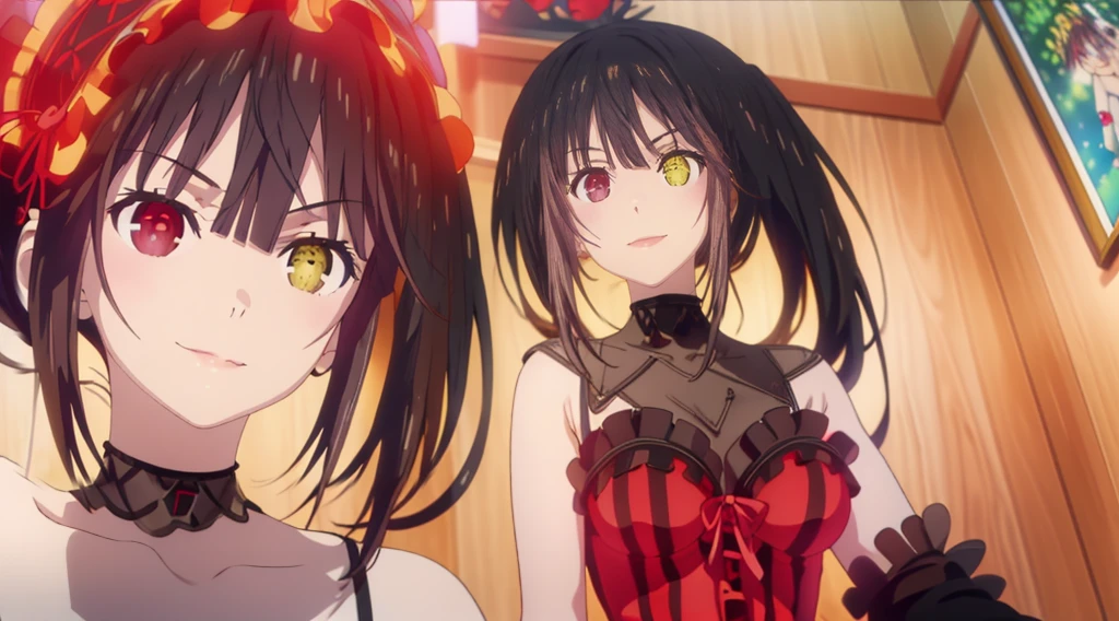 Kurumi tokisaki del anime date a live, ropa de colegiala, heterochromia, pechos medianos, primer plano, posando, sonrisa encantadora, detallado, bica cerrada, Alta calidad, obra maestra