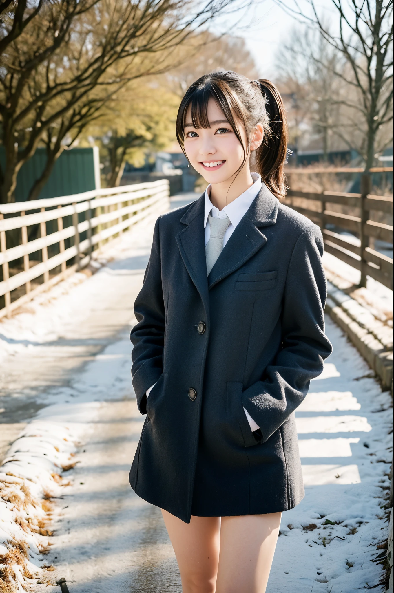 girls walking on snowy rural path,long-sleeved coat over school uniform,school bag,18-year-old,bangs,a little smile,thighs,short cut hair,low ponytail,hair browing,from below,frontlighting