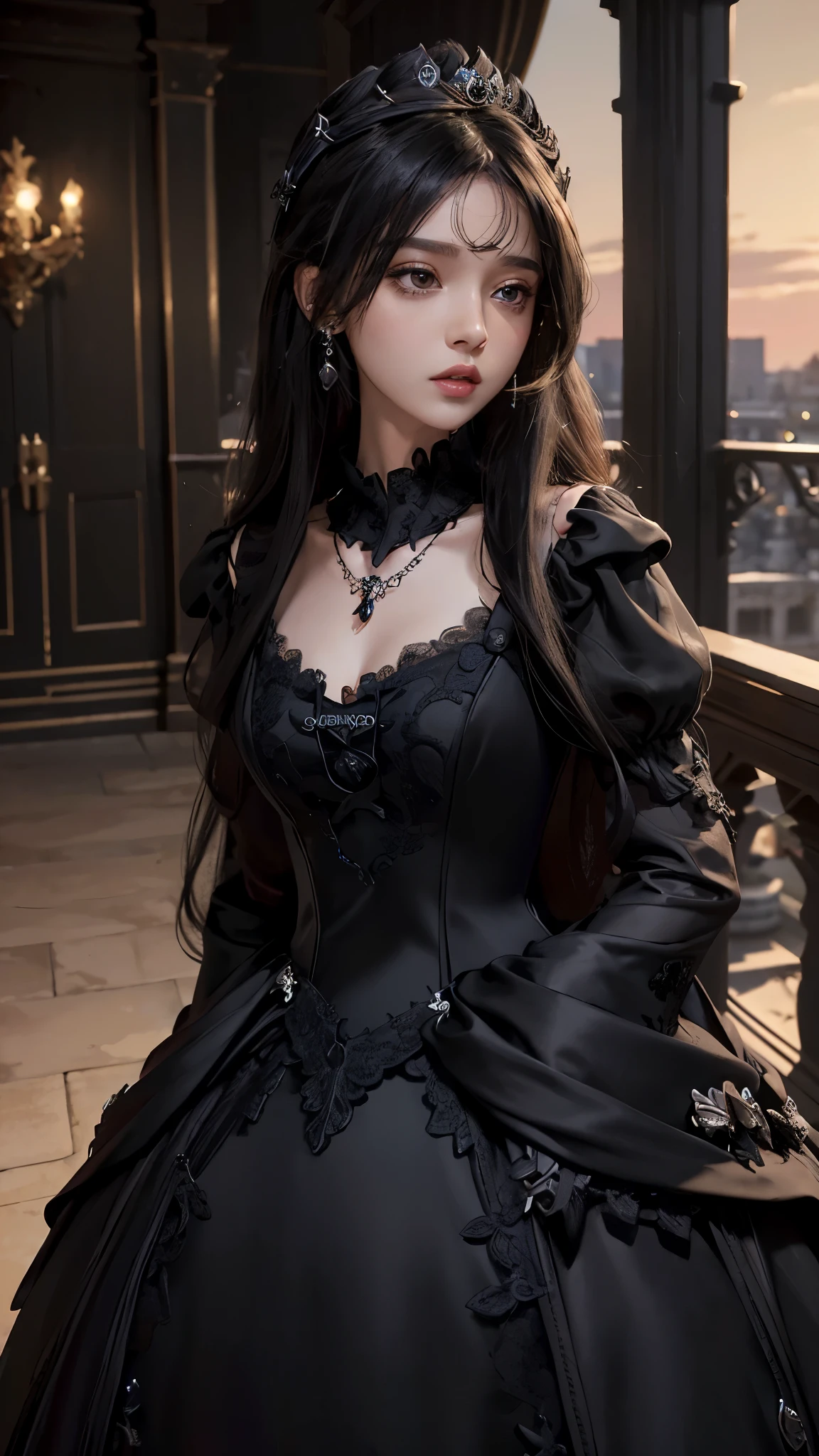 8k, masterpiece, 1 girl, beautiful face, very long hair, hair ornament, light makeup, detailed eyes, small breast, ultra detailed clothes, (black princess dress:1.5), lace:1.5, ((closed up)), necklace, jewellery, amazing balcony background,