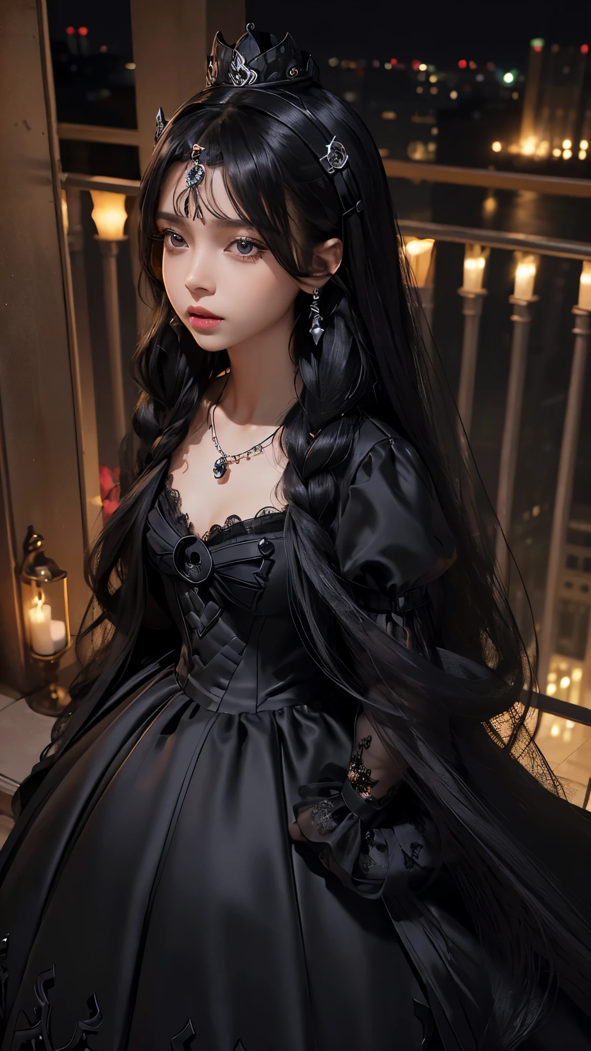 8k, masterpiece, 1 girl, beautiful face, very long hair, hair ornament, light makeup, detailed eyes, small breast, ultra detailed clothes, (black princess dress:1.5), lace:1.5, ((closed up)), necklace, jewellery, amazing balcony background,