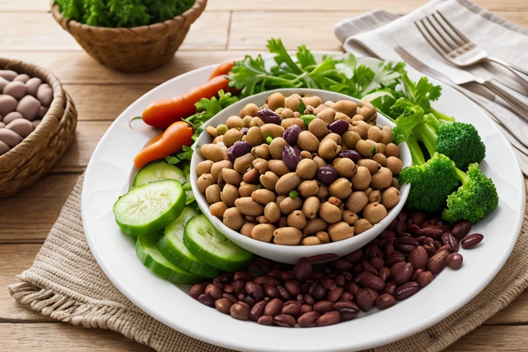 composition with vegetables and legumes on a table, imagem aberta mostrando todo prato em cima da mesa