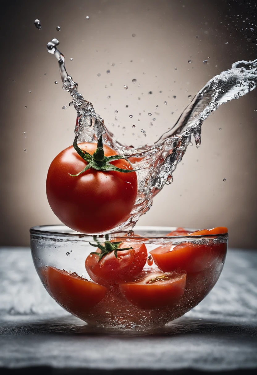 a creative shot of a tomato being dropped into a bowl of water, capturing the splash and movement as it breaks the surface