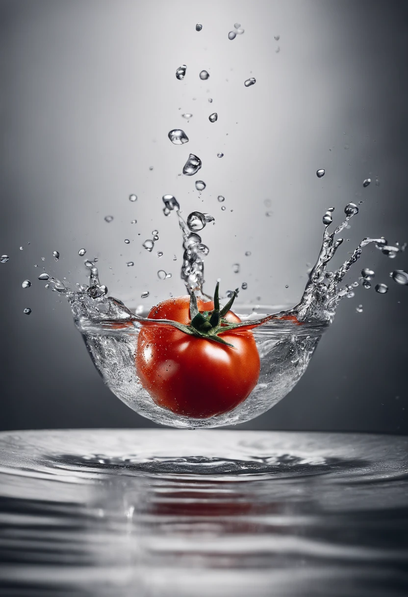 a creative shot of a tomato being dropped into a bowl of water, capturing the splash and movement as it breaks the surface
