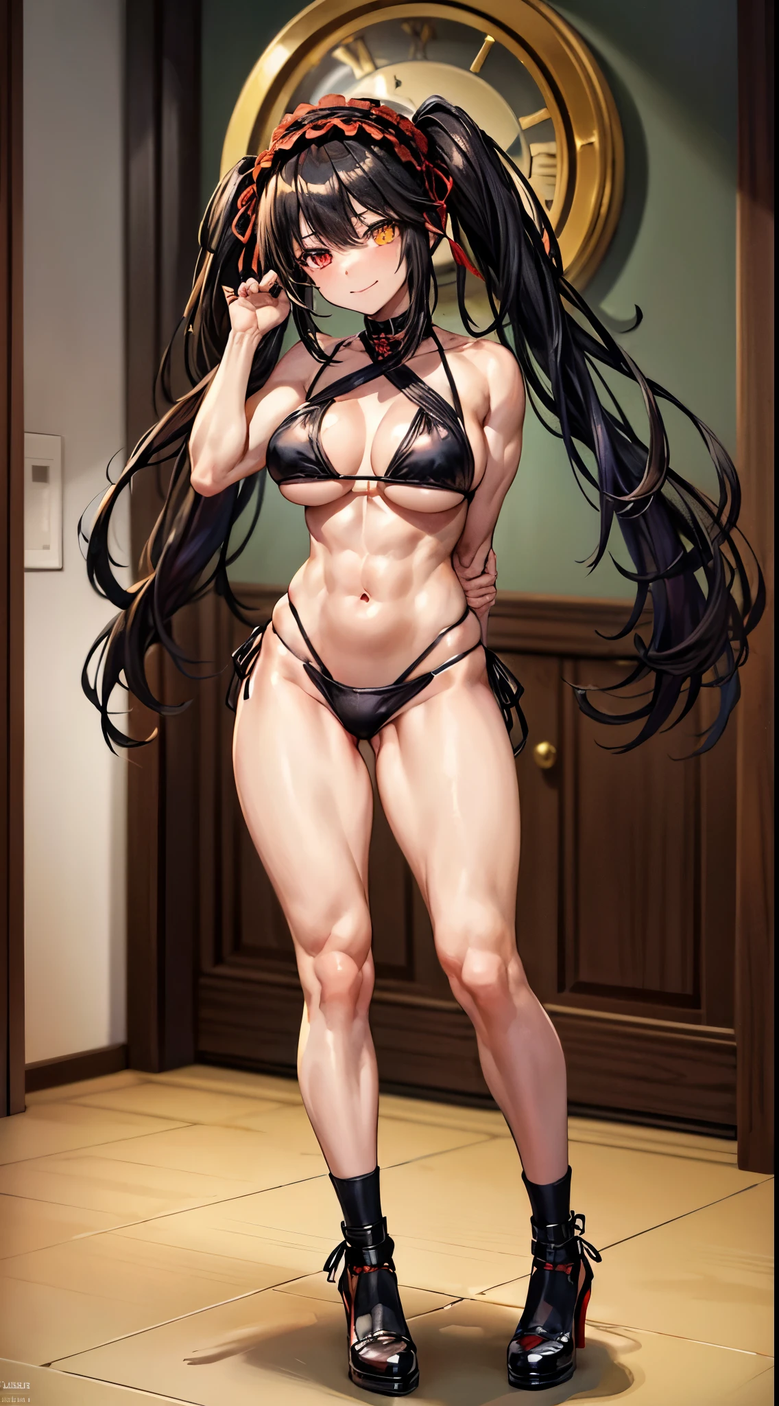 1 girl, bare shoulders, black hair, medium breasts, (muscular legs), muscular belly, wide hips, thin waist, (((clock eyes))), (wearing a very short and sexy bikini), finger to mouth, (((in the motel room))), full body, hairband, (standing looking at me sensually), standing, heterochromia, index finger raised, black high heel shoes, lolita hairband, long hair, red eyes , smiling, alone, symbol-shaped pupils, (Kurumi tokisaki), (twintails), yellow eyes