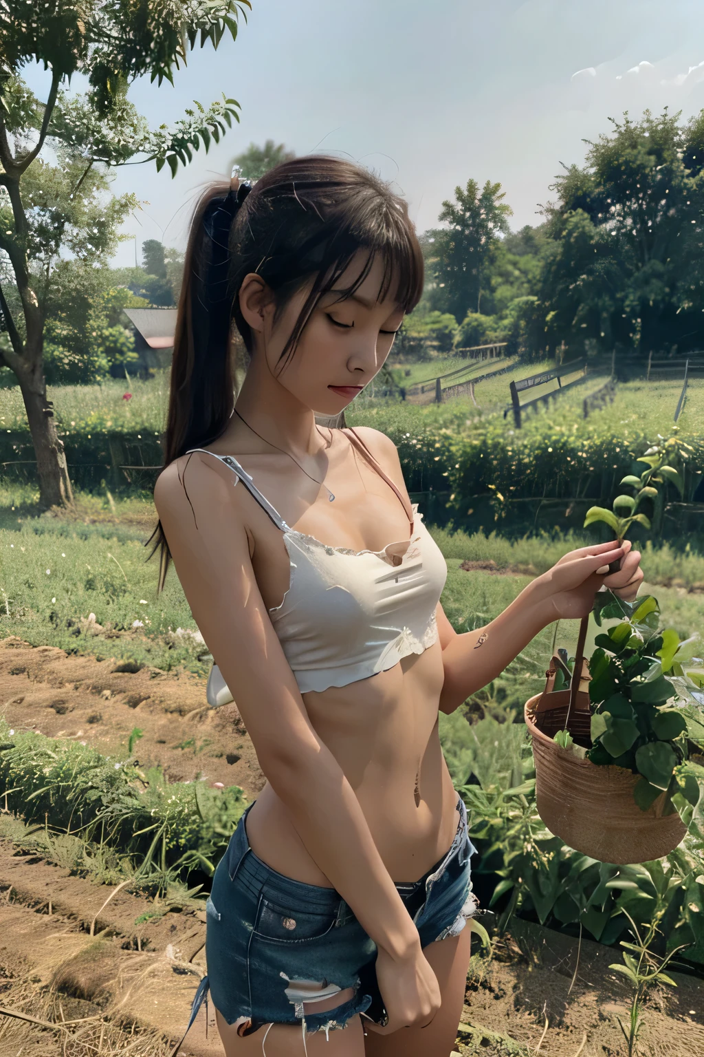 quality, 1 girl, extremely thin,china idol,torn outfit,rural farming