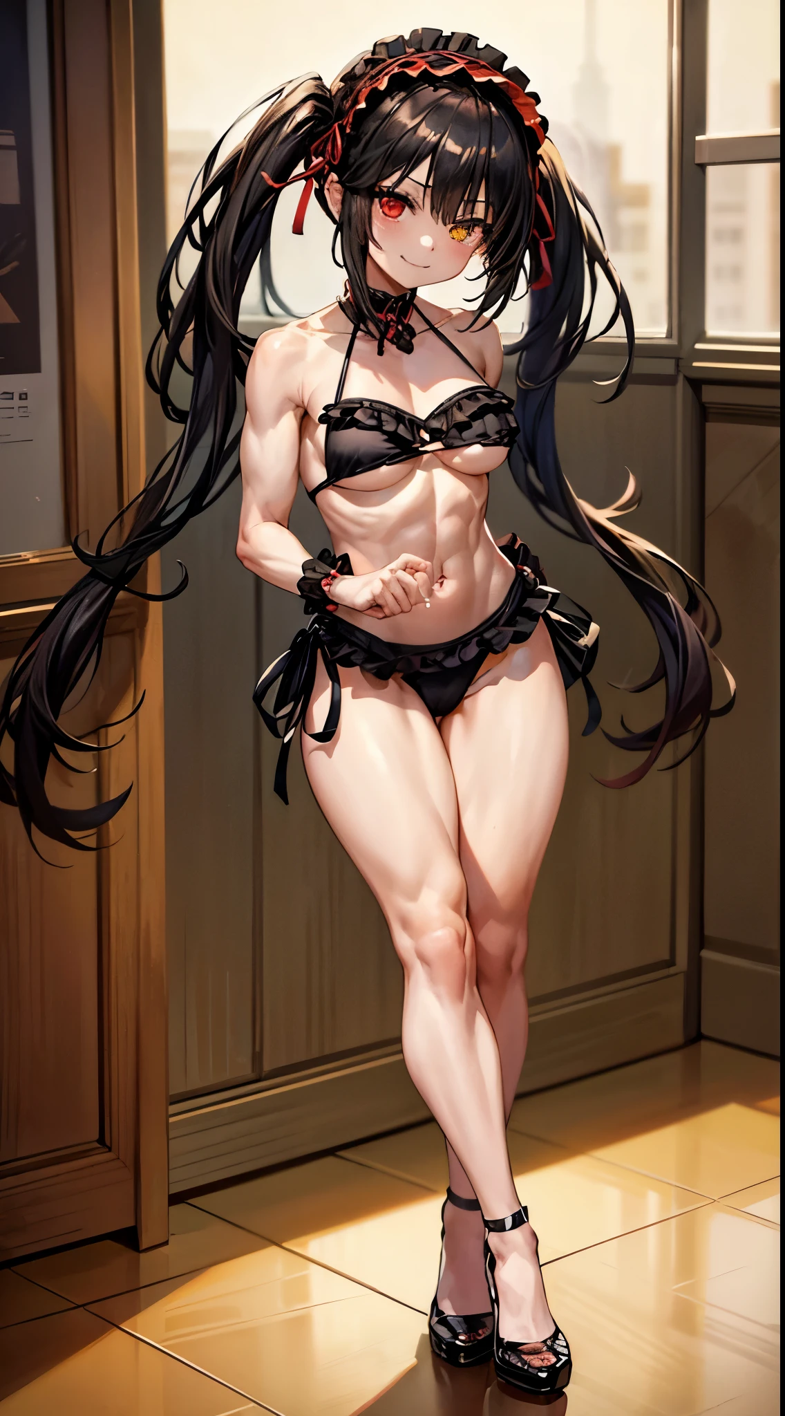 1 girl, bare shoulders, black hair, medium breasts, (muscular legs), muscular belly, wide hips, thin waist, (((clock eyes))), (wearing a very short and sexy bikini), finger to mouth, (((in the motel room))), full body, hairband, (standing looking at me sensually), standing, heterochromia, index finger raised, black high heel shoes, ta hairband, long hair, red eyes , smiling, alone, symbol-shaped pupils, (Kurumi tokisaki), (twintails), yellow eyes
