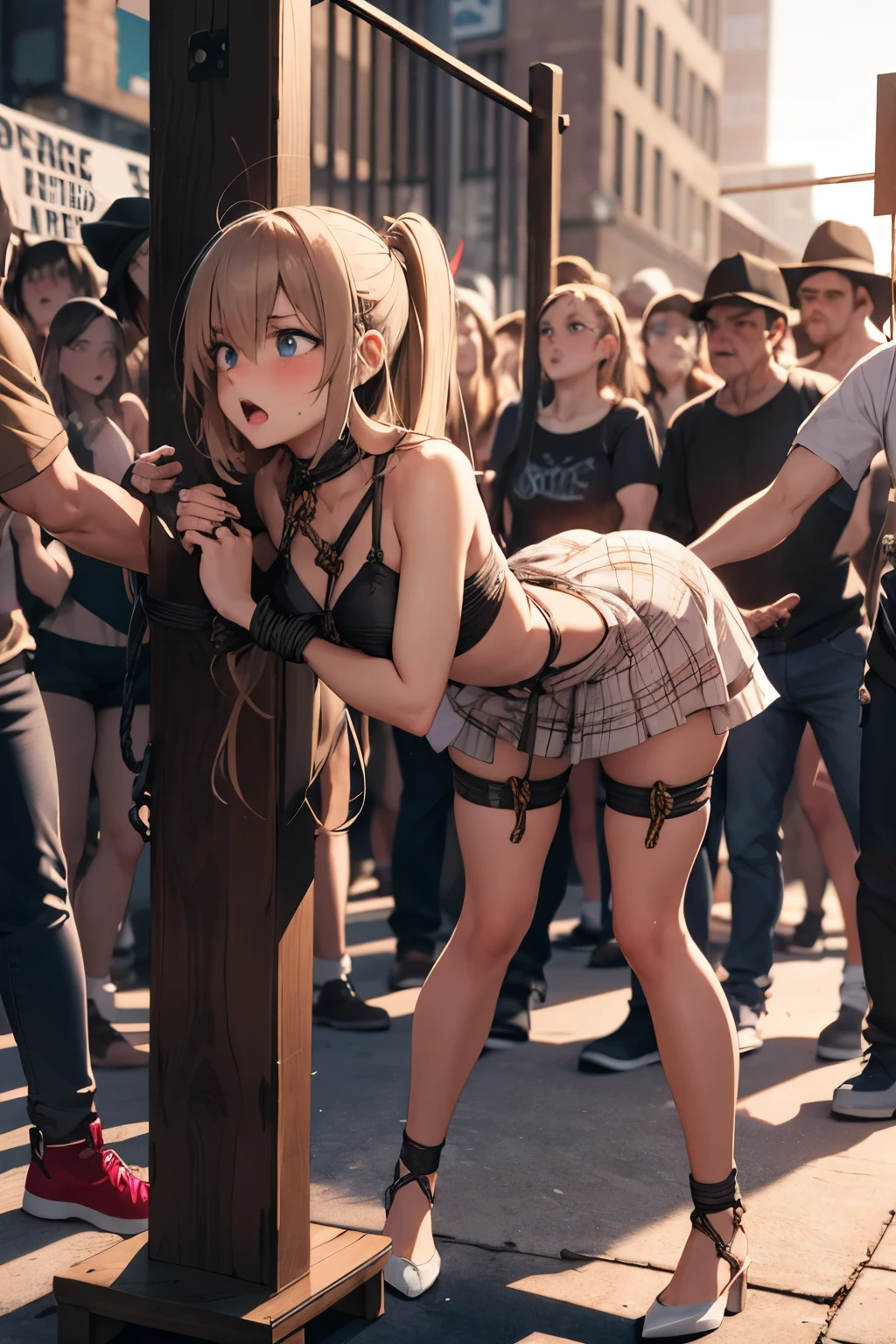 3D art of a frightened innocent woman in a sundress bent over in public rope bondage wooden stockade pillory surrounded by angry crowd