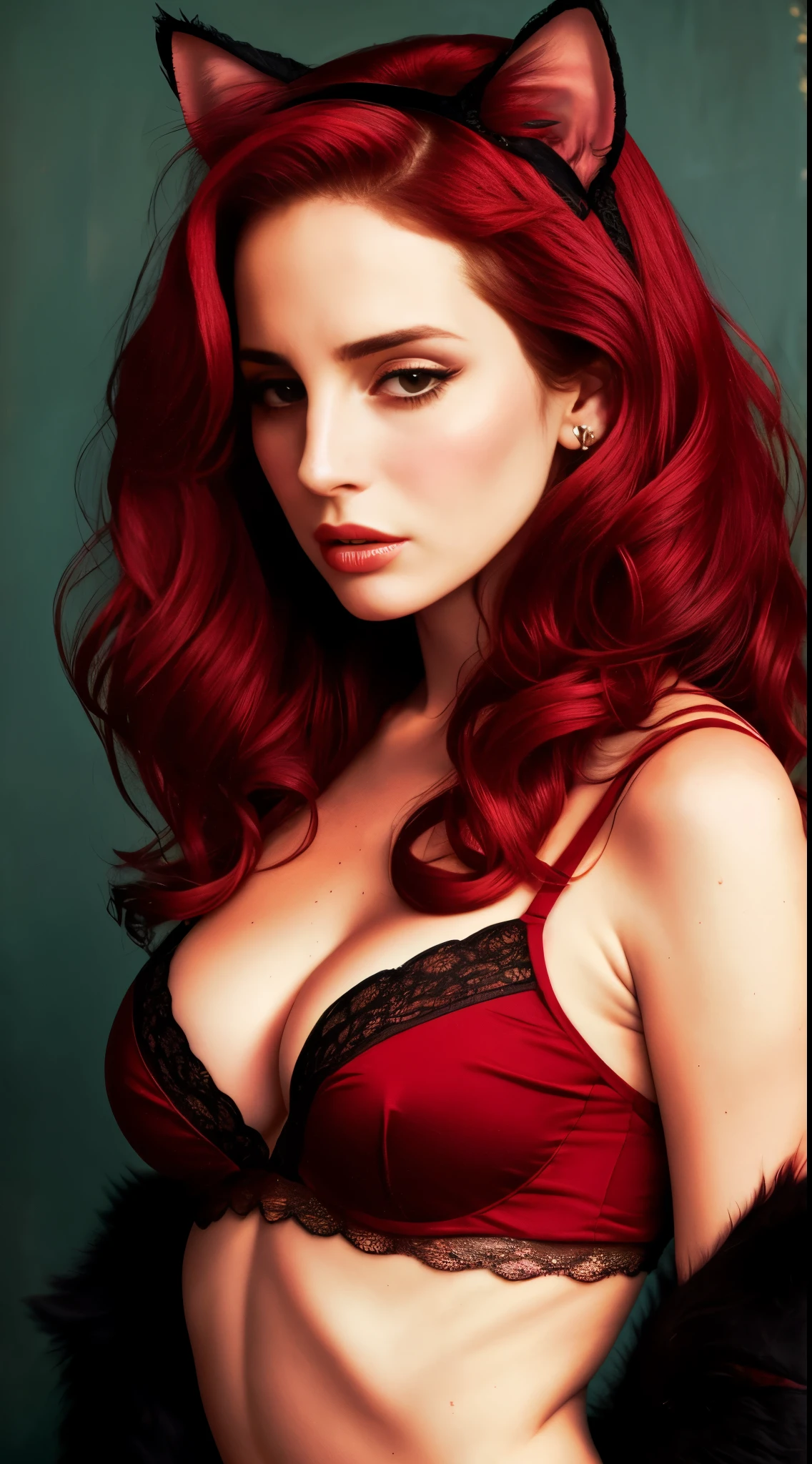 Highly detailed, seductive erotic Lana Del Rey with lace cat ears, crying, (Busty, red hair), face centered, s face, Focused, intricate eyes,