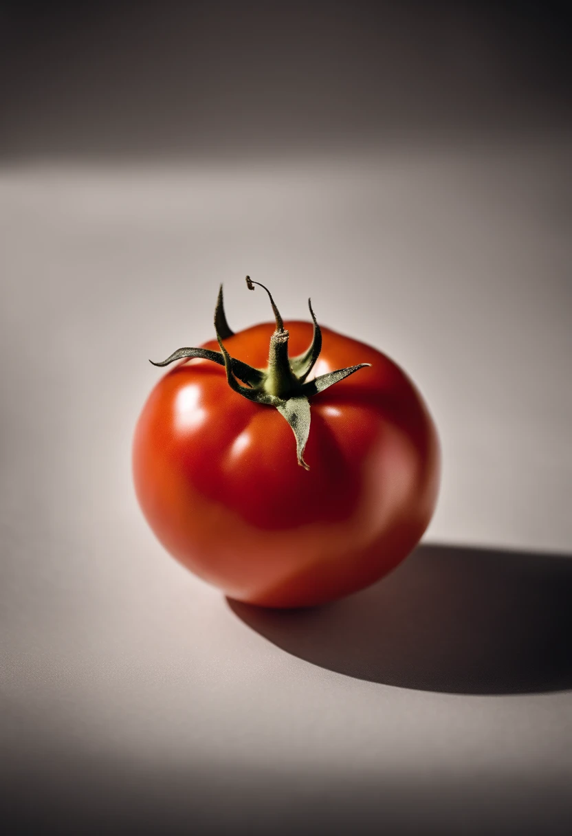 a minimalistic shot of a single tomato against a clean, white or monochromatic background, allowing its bold color and smooth skin to be the focal point