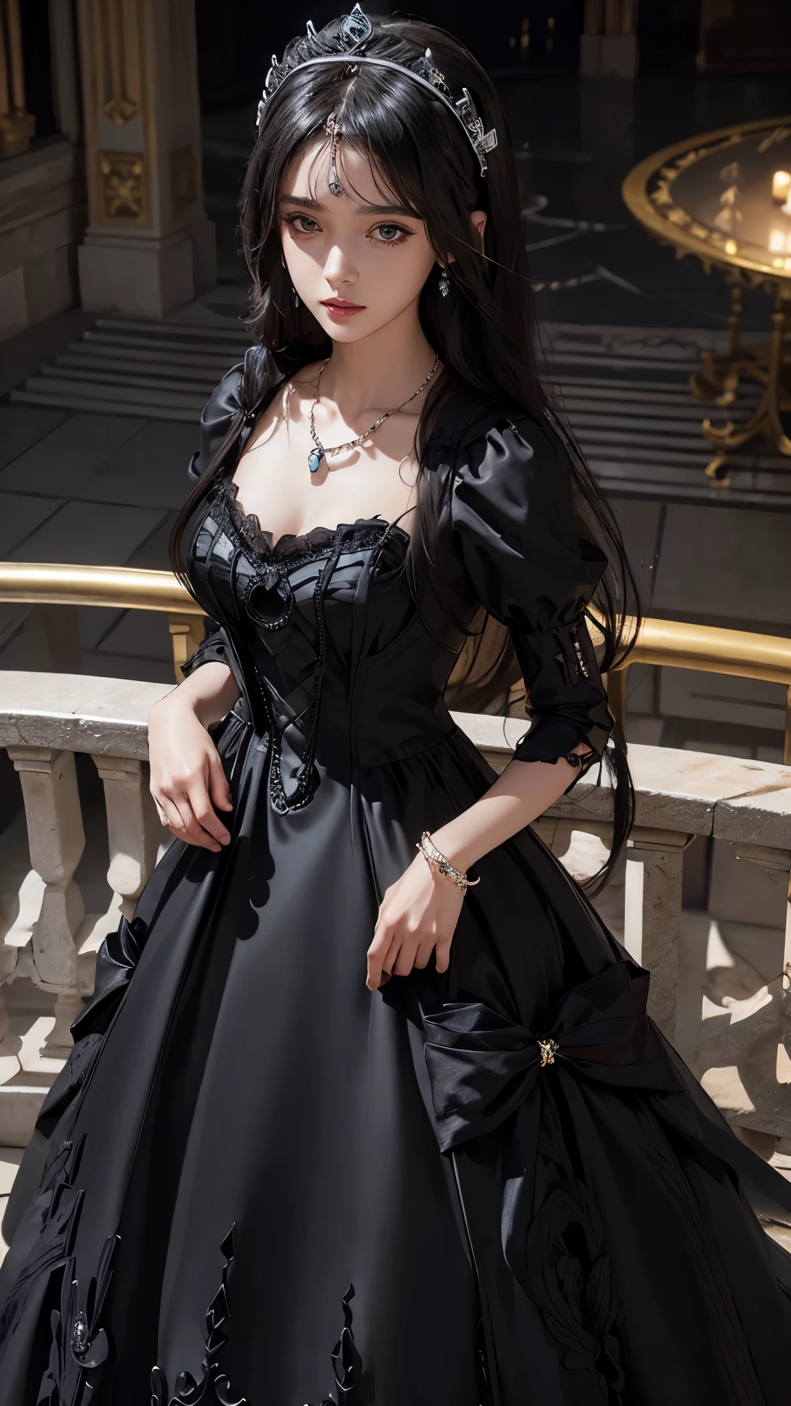 8k, masterpiece, 1 girl, beautiful face, very long hair, hair ornament, light makeup, detailed eyes, small breast, ultra detailed clothes, (black princess dress:1.5), lace:1.5, ((closed up)), necklace, jewellery, amazing balcony background,