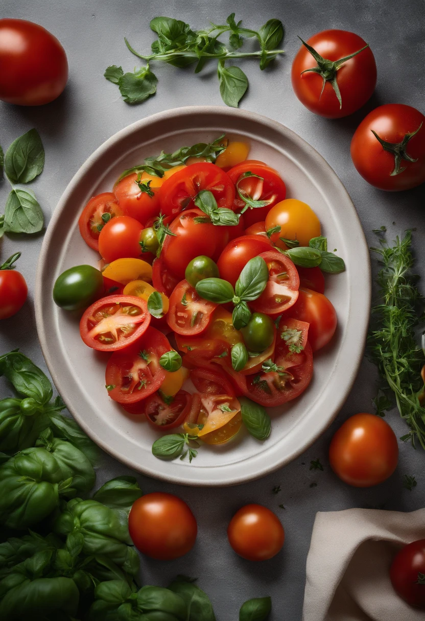 a high-angle shot of a tomato salad, featuring a variety of sliced tomatoes, fresh herbs, and other colorful ingredients, creating an appetizing and visually appealing composition