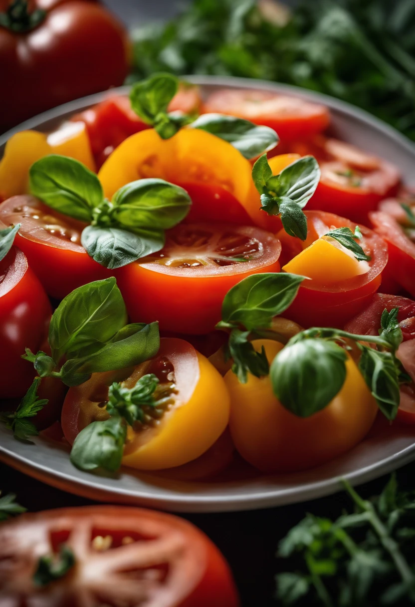 a high-angle shot of a tomato salad, featuring a variety of sliced tomatoes, fresh herbs, and other colorful ingredients, creating an appetizing and visually appealing composition