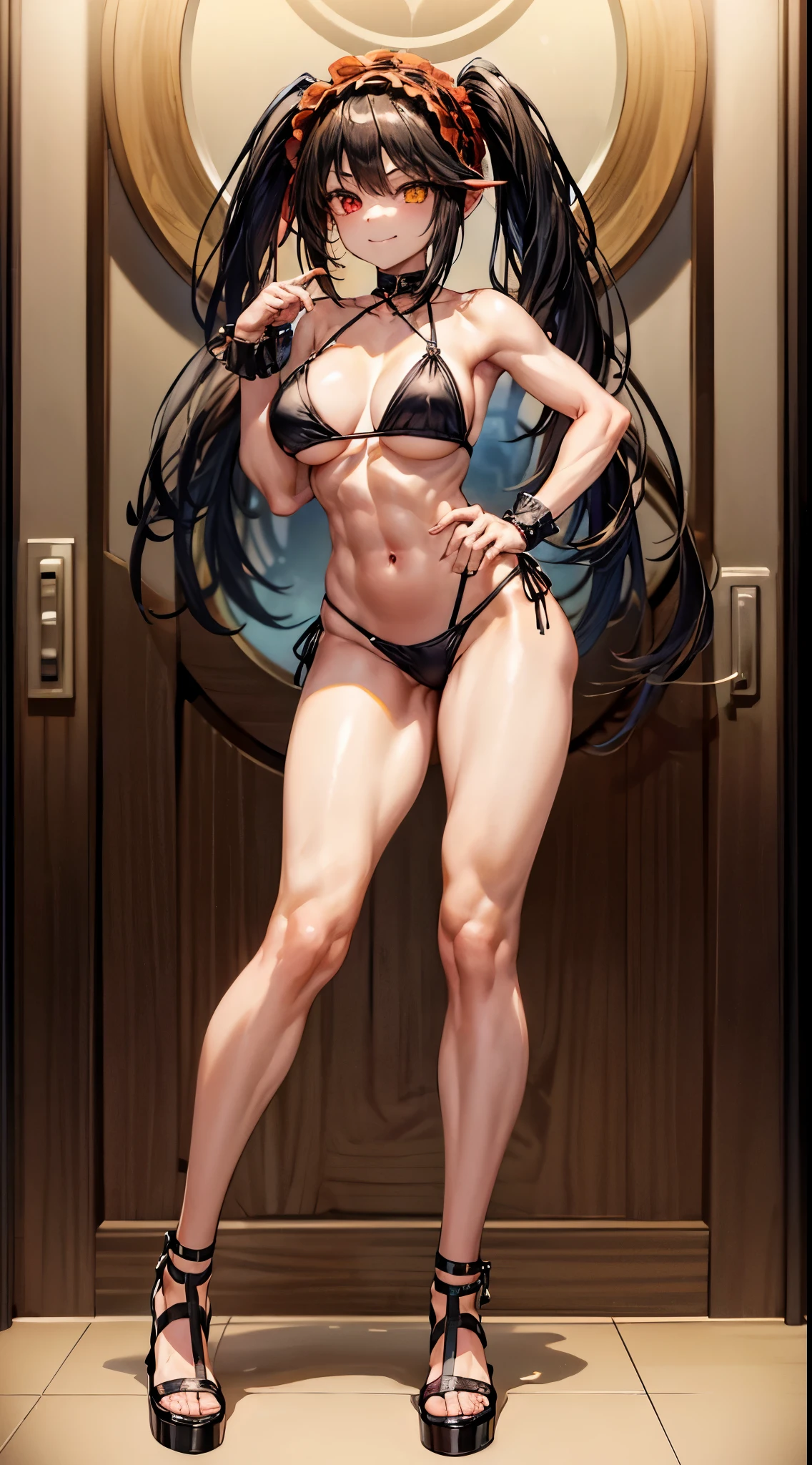 1 girl, bare shoulders, black hair, medium breasts, (muscular legs), muscular belly, wide hips, thin waist, (((clock eyes))), (wearing a very short and sexy bikini), finger to mouth, (((in the motel room))), full body, hairband, (standing looking at me sensually), standing, heterochromia, index finger raised, black high heel shoes, lolita hairband, long hair, red eyes , smiling, alone, symbol-shaped pupils, (Kurumi tokisaki), (twintails), yellow eyes