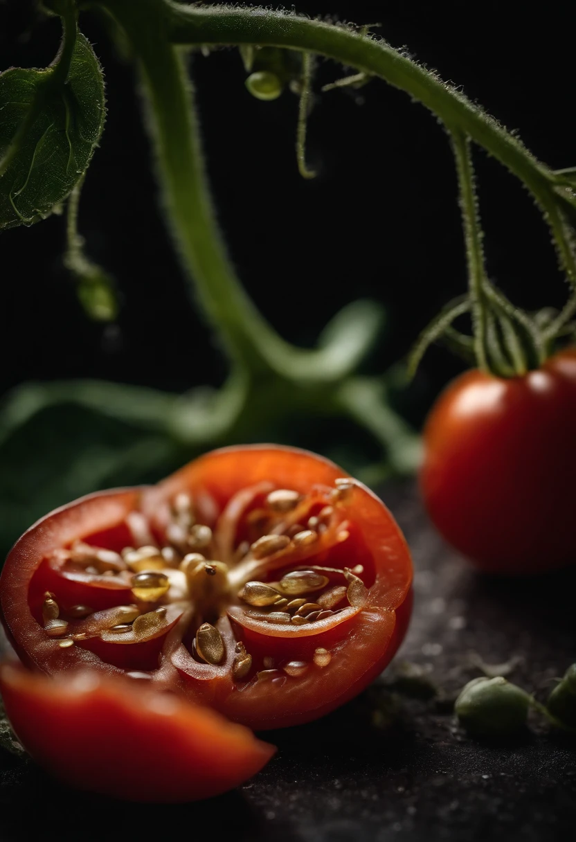 a detailed macro shot of the seeds and gel-like interior of a tomato, showcasing the intricate and delicate structure of this fruit