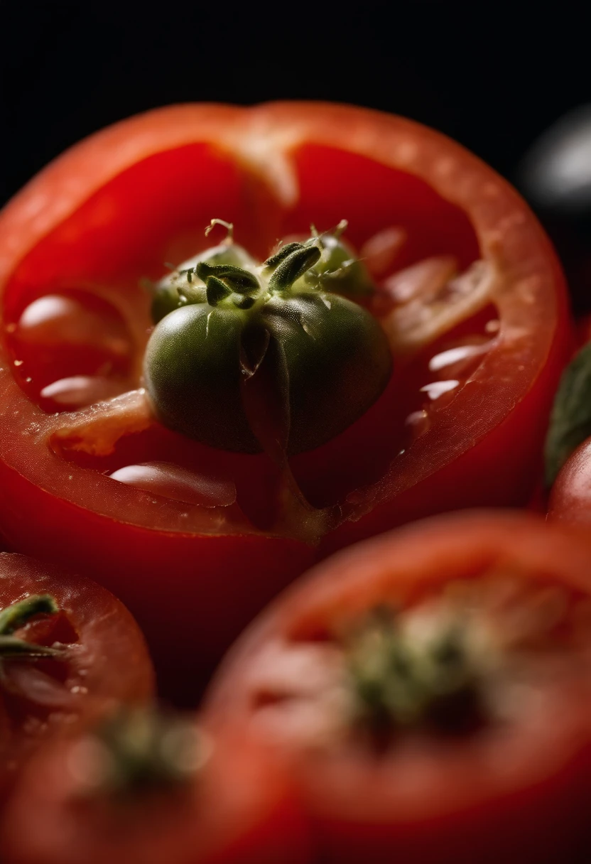 a detailed macro shot of the seeds and gel-like interior of a tomato, showcasing the intricate and delicate structure of this fruit