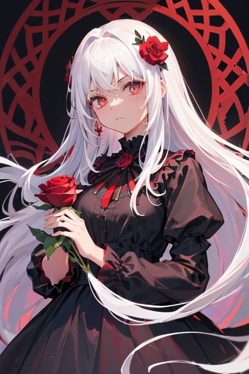 (best quality, masterpiece), (1girl, solo, black dress, standing , looking at viewer, white hair, red eyes, holding rose, closed mouth, upper body), (red dreamcatcher behind, red flower, )