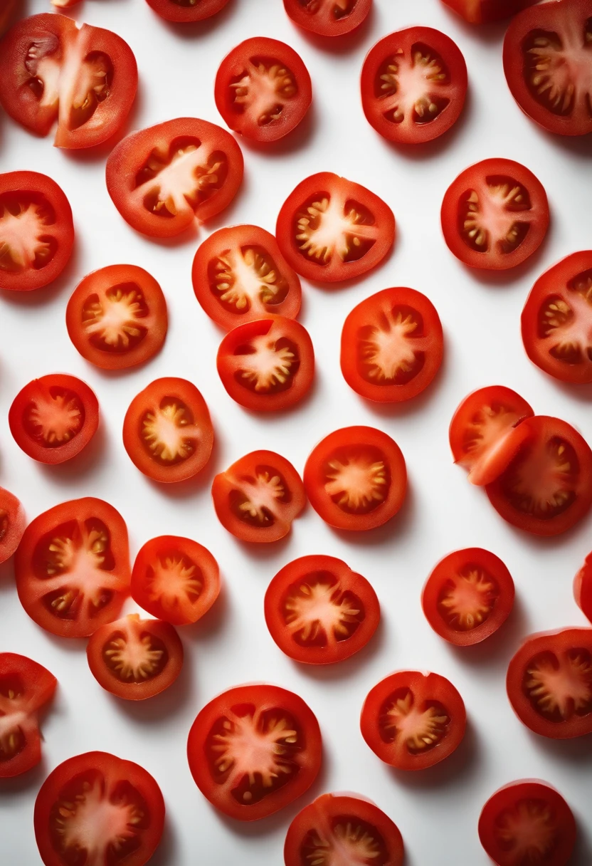 an abstract shot of tomato slices or halves arranged in a visually interesting pattern or design, experimenting with creative compositions and lighting techniques to create a visually striking image