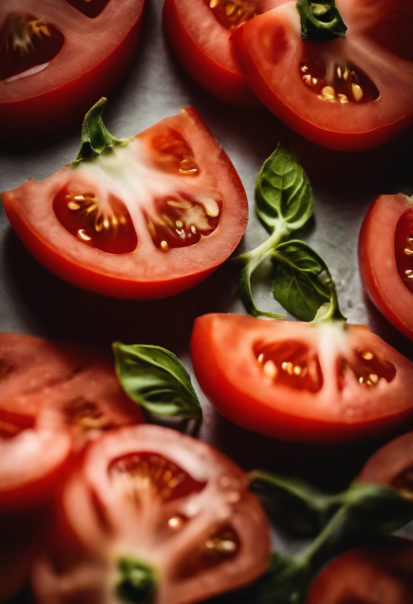 an abstract shot of tomato slices or halves arranged in a visually interesting pattern or design, experimenting with creative compositions and lighting techniques to create a visually striking image