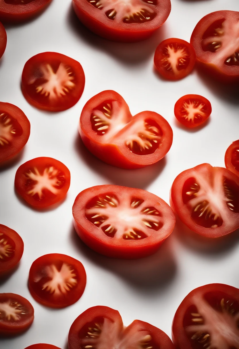 an abstract shot of tomato slices or halves arranged in a visually interesting pattern or design, experimenting with creative compositions and lighting techniques to create a visually striking image