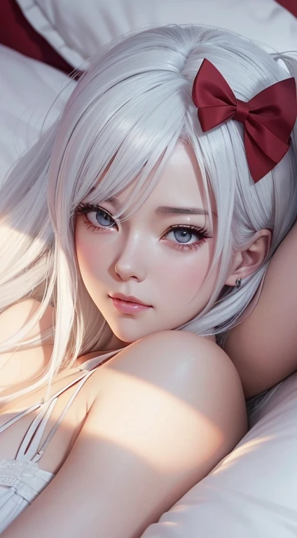 a close up of a woman laying on a bed with a red bow, perfect white haired girl, guweiz, artwork in the style of guweiz, realistic anime 3 d style, girl with white hair, realistic anime art style, photorealistic anime, smooth anime cg art, anime realism style, hyper realistic anime, beautiful anime girl, realistic anime artstyle