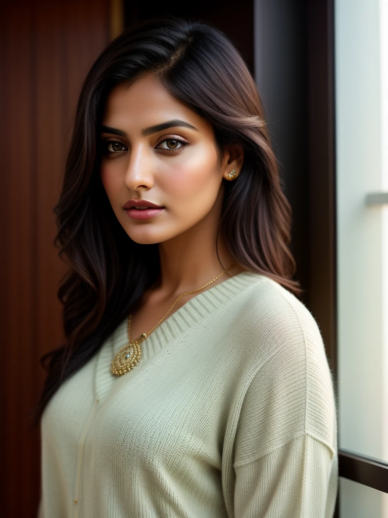 Portrait of Indian most beautiful and attractive serious Punjabi woman in her 30s as a beautiful female model, Georgia Fowler, beautiful face, with short dark brown hair, i dramatic lighting, trending on art-station, portrait, digital art, modern, sleek, highly detailed, formal, determined, pink liner lipstick, soft lips, + She is wearing a pale green designer [[Sweater Dress]] charm, [[bokeh, watercolor-like, glittering, mystic, ample breassts, 36D,]]