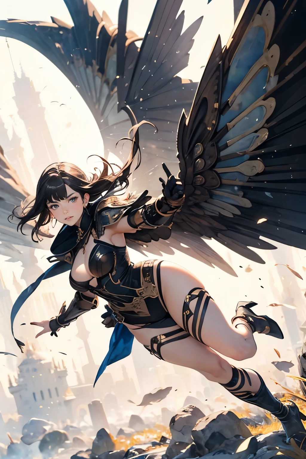 (watercolor painting by John Singer Sargent:1.3), 1girl , a female mature warrior with mechanical wings on her back is running in front of a giant flying mechanical device in a battleground, curvy woman, cleavage,high heels , steampunk style, holly armor, long fair hair, bangs, fair skin, taking a large thick sword toward the viewer, dynamic angle shot, wind, dynamic pose,