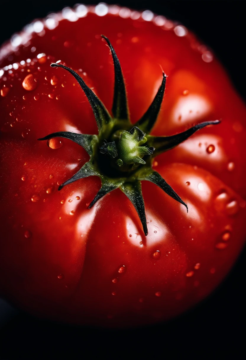 a close-up shot of a ripe tomato, showcasing its vibrant red color, glossy skin, and the tiny droplets of water on its surface